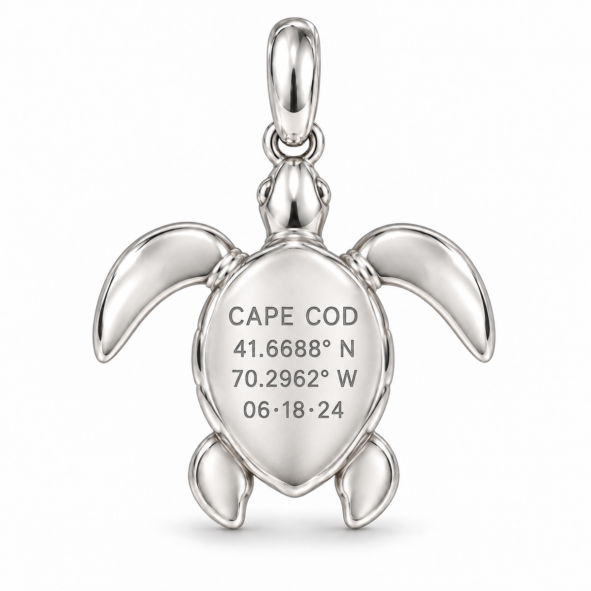 Sea Turtle charm back engraving personalized with Cape Cod coordinates and a date