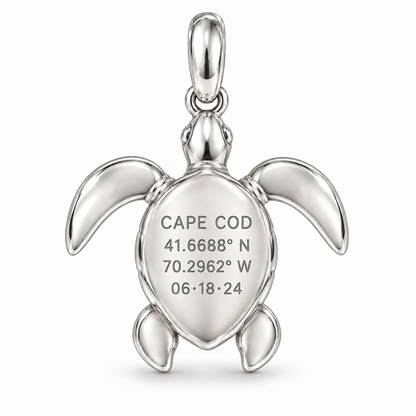 Sea Turtle charm back engraving personalized with Cape Cod coordinates and a date