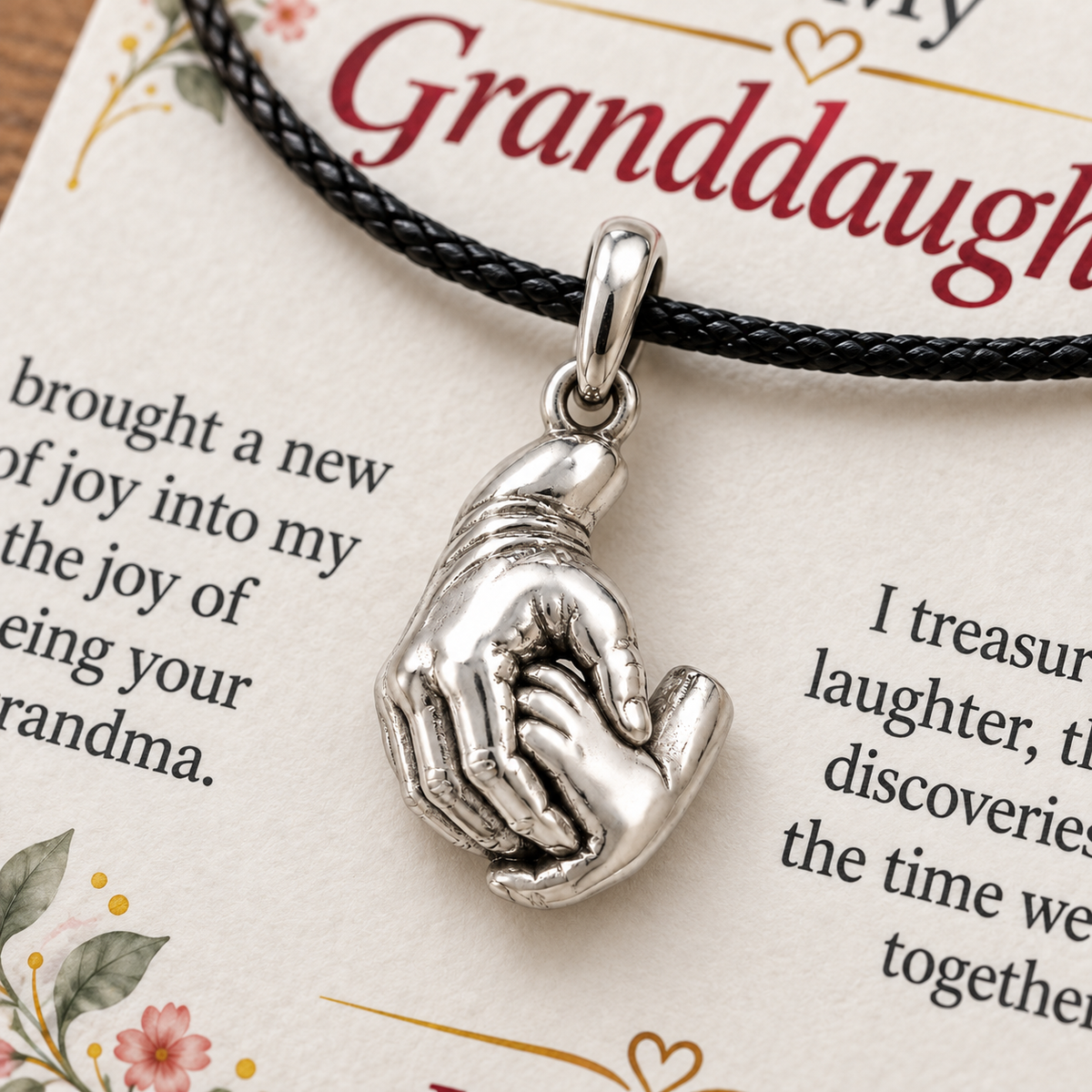 Grandma's Holding Hands Charm: Joy That Stays — Macro detail, silver finish