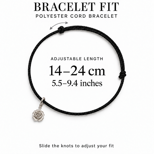 Black polyester cord bracelet with sliding knots showing adjustable length from 14 to 24 centimeters.