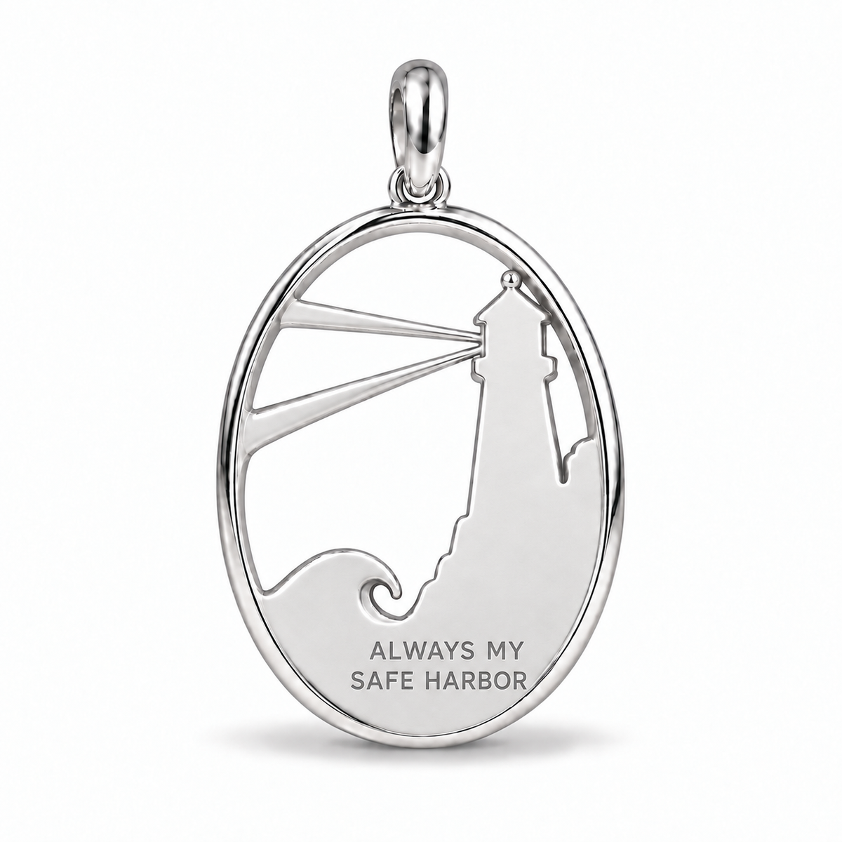 Lighthouse charm back engraved with Always My Safe Harbor