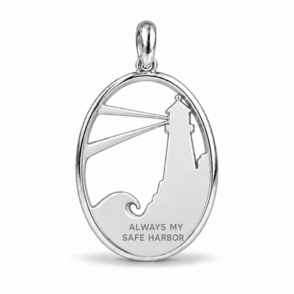Lighthouse charm back engraved with Always My Safe Harbor