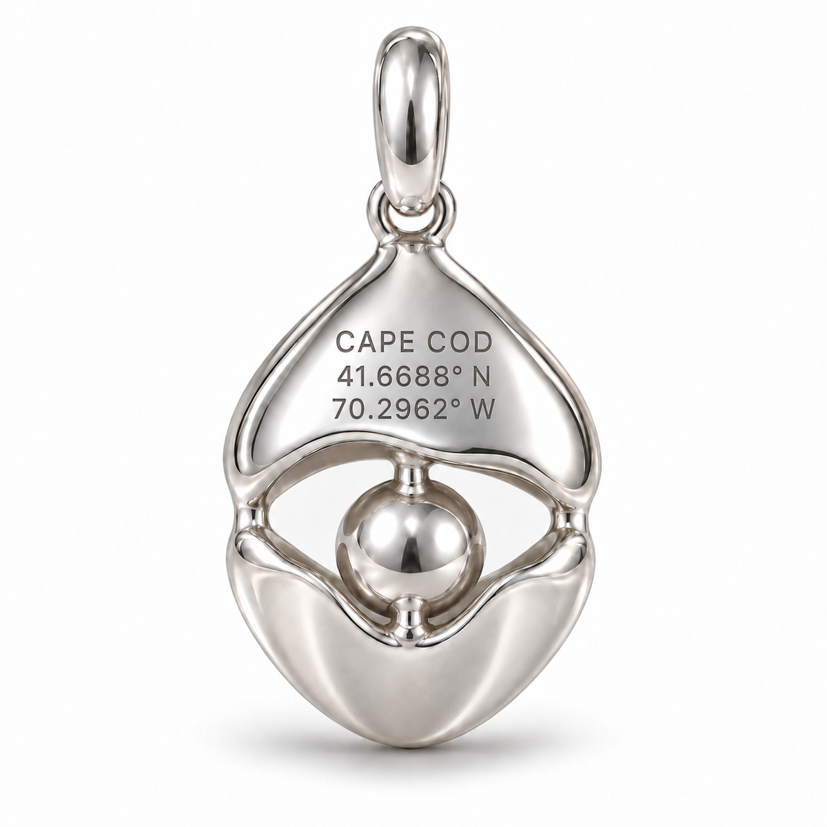 Shell and Pearl charm back engraving personalized with Cape Cod coordinates