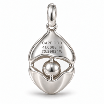 Shell and Pearl charm back engraving personalized with Cape Cod coordinates