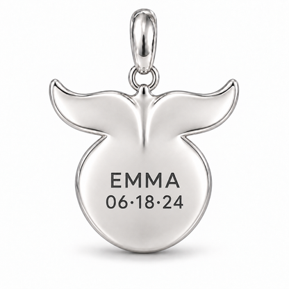 Whale Tail charm back engraving personalized with a name and date