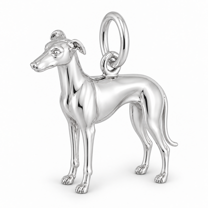 Polished silver dog charm – Greyhound