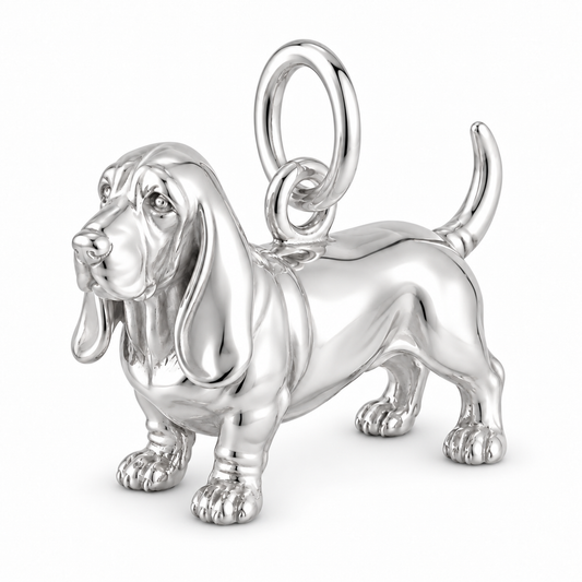 Basset Hound — Standing Dog Charm and Polyester Cord Bracelet Set — Silver