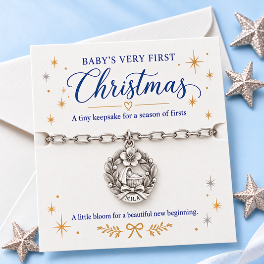 Baby's First Christmas — Birth Flower Cradle Charm and Polyester Cord Bracelet Set