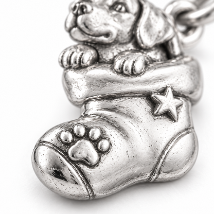 Super macro surface detail of First Christmas Together Charm from a low oblique angle