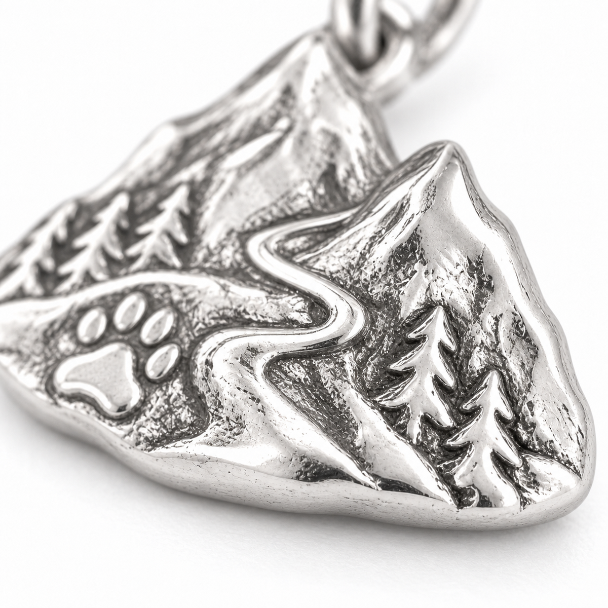 Super macro surface detail of Mountain Paws Charm from a low oblique angle