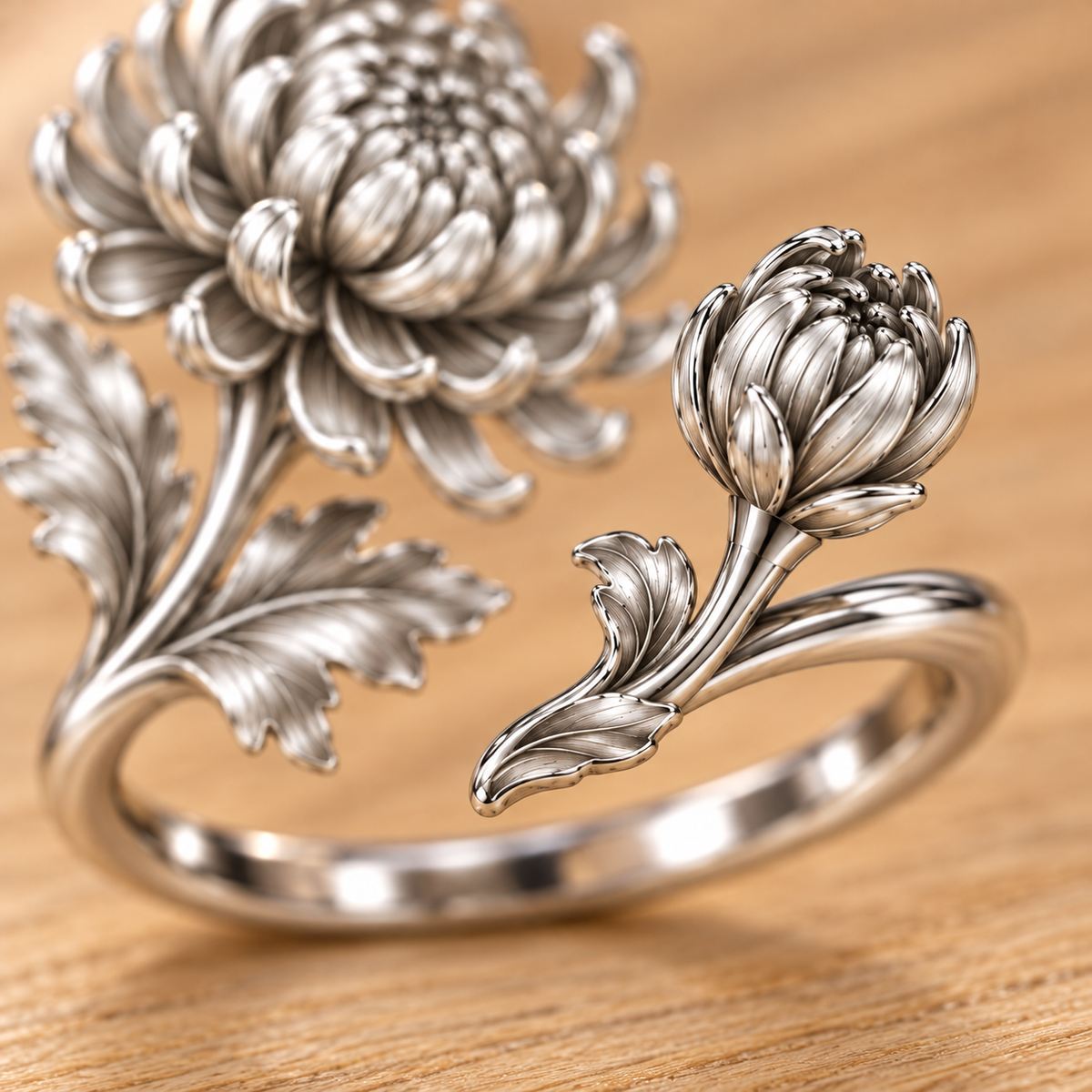 Soulyshine November Birth Flower Chrysanthemum Adjustable Silver Ring