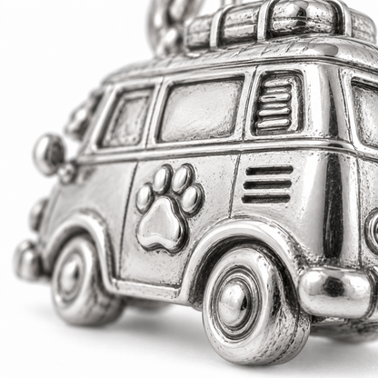Super macro surface detail of Camper Van Companion Charm from a low oblique angle