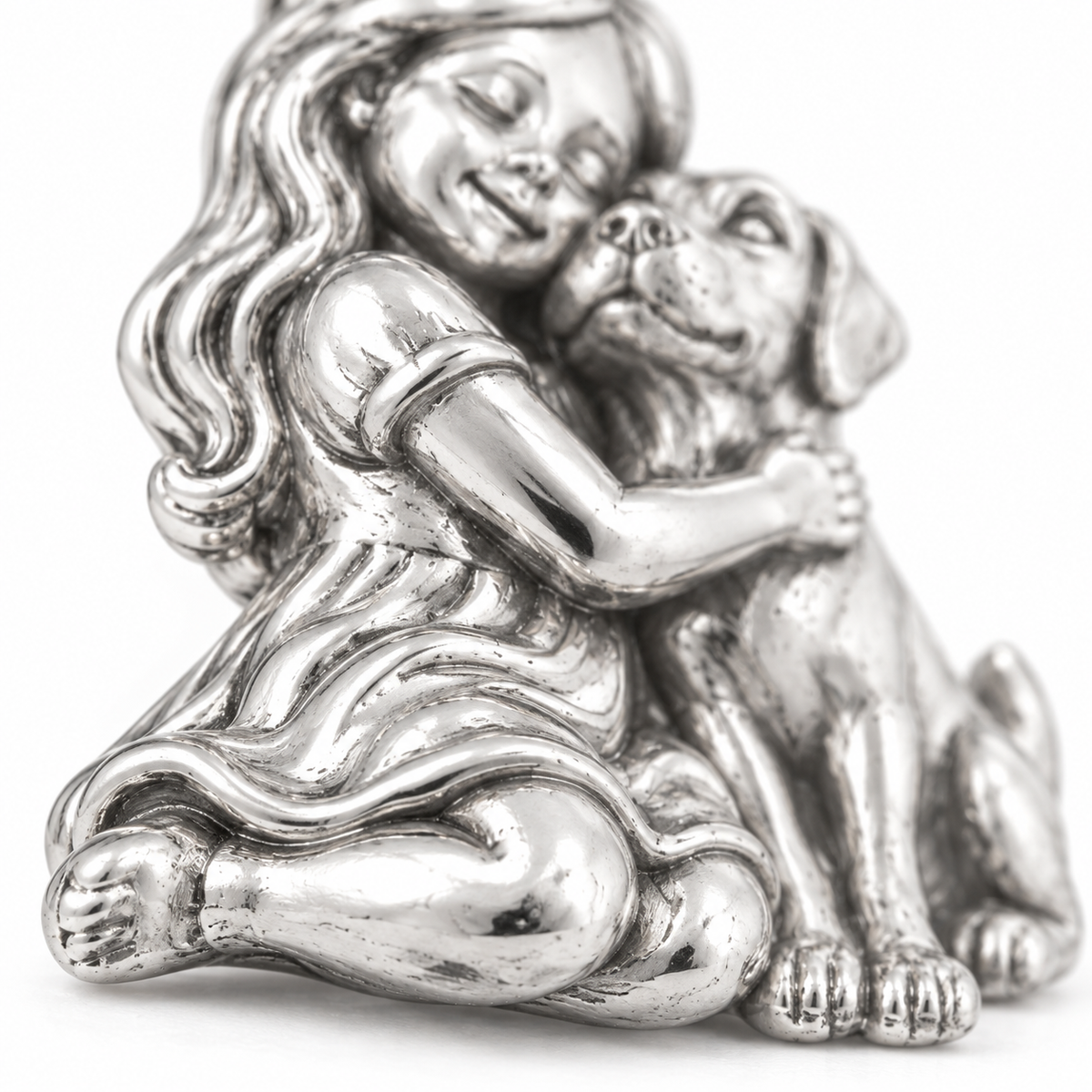 Super macro surface detail of Girl and Her Best Friend Charm from a low oblique angle
