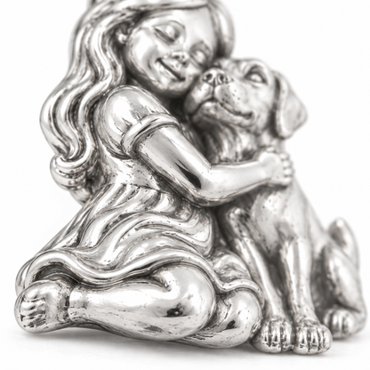 Super macro surface detail of Girl and Her Best Friend Charm from a low oblique angle