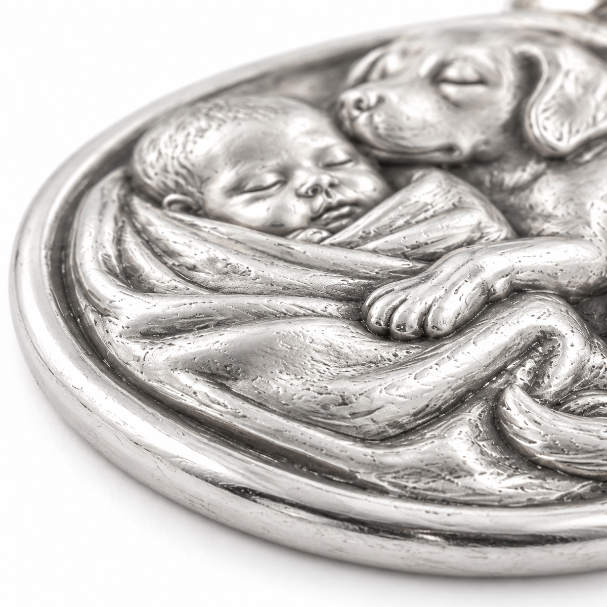 Super macro surface detail of Tiny Hands Gentle Paws Charm from a low oblique angle