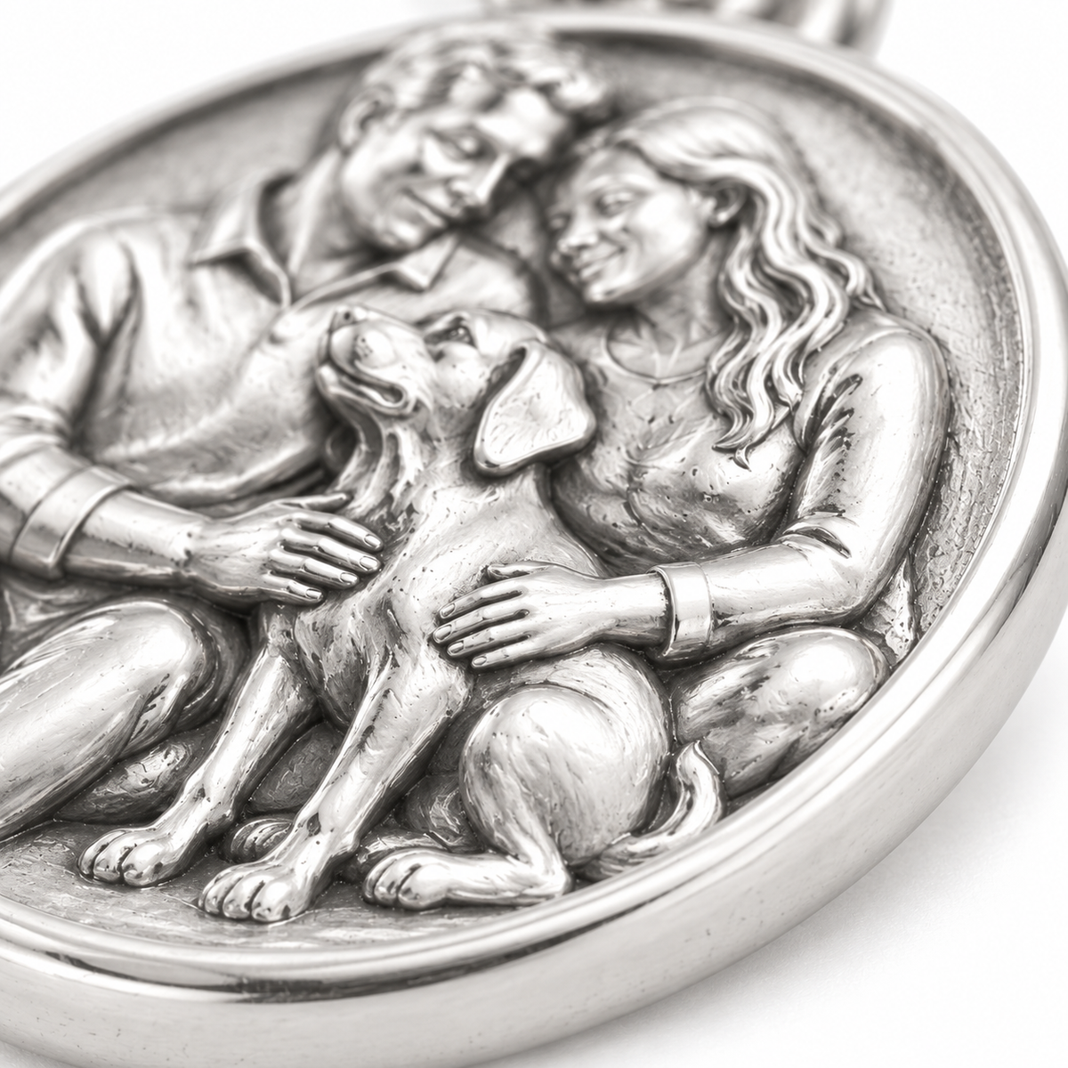 Super macro surface detail of Our Little Trio Charm from a low oblique angle