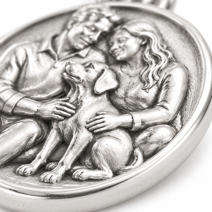 Super macro surface detail of Our Little Trio Charm from a low oblique angle