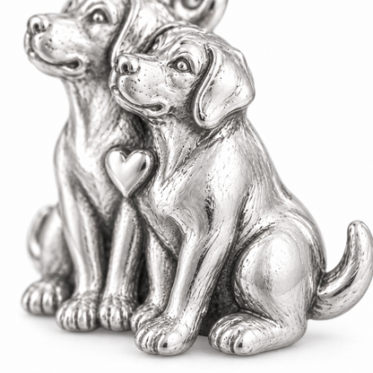 Super macro surface detail of Better With Two Dogs Charm from a low oblique angle