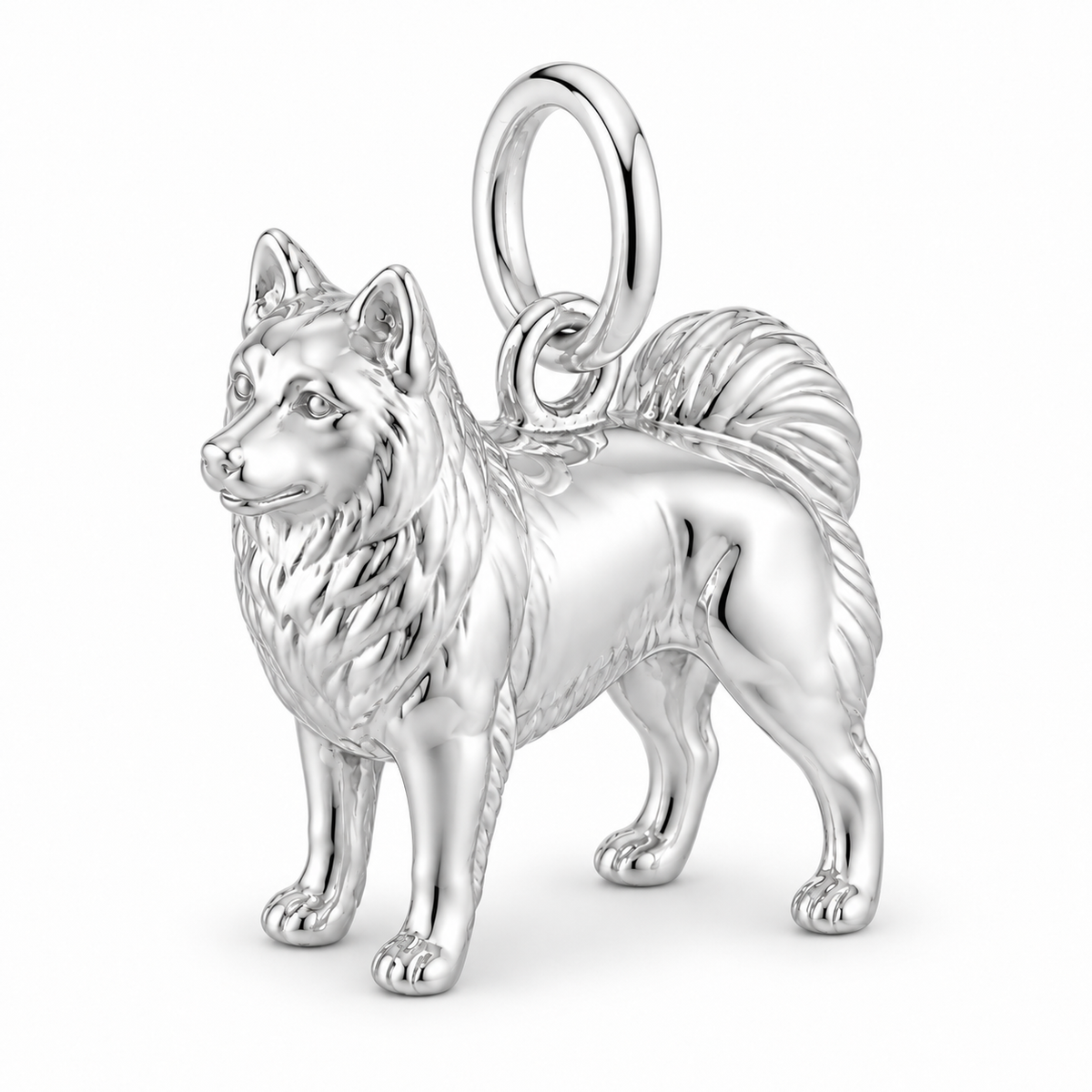 Polished silver dog charm – American Eskimo Dog