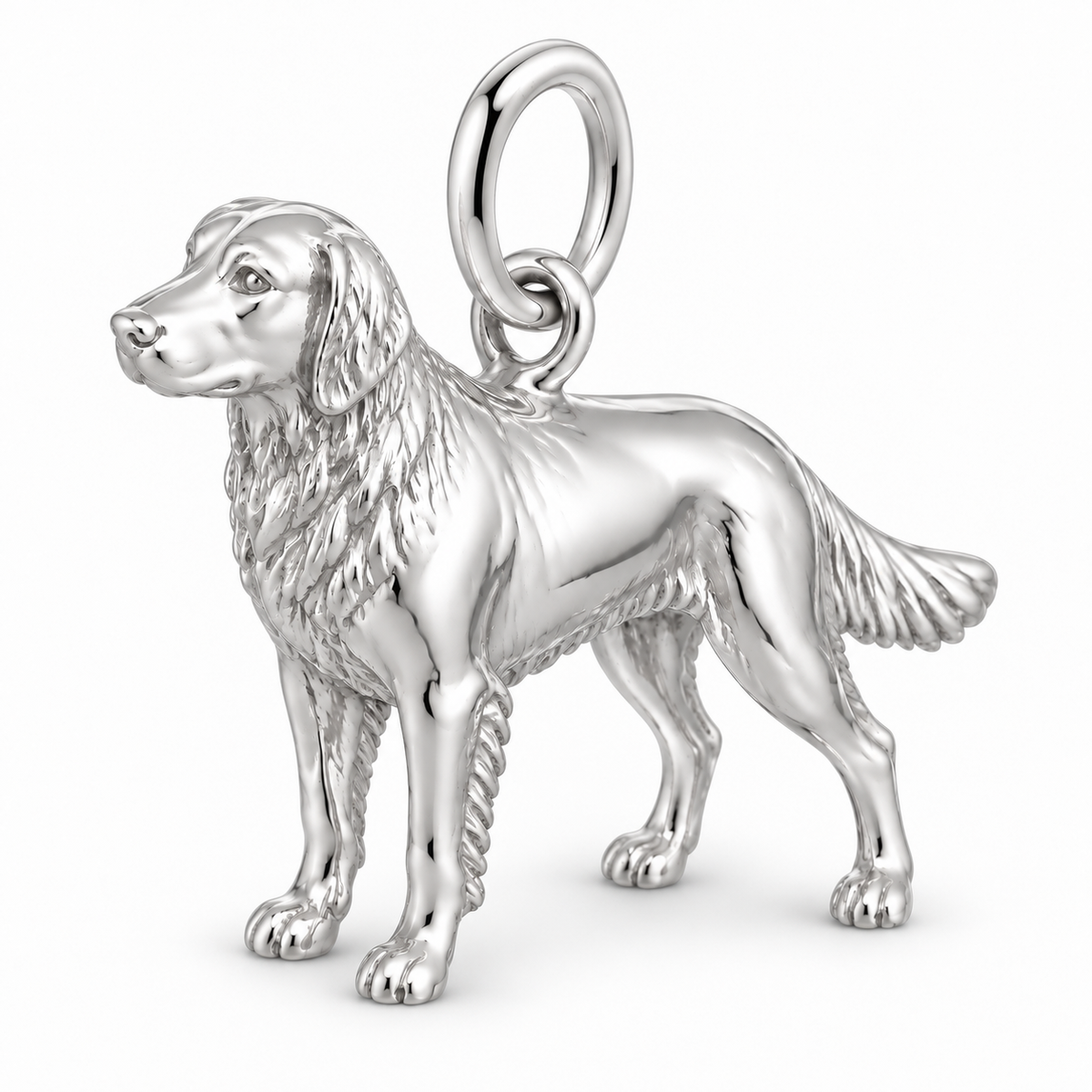 Polished silver dog charm – Flat-Coated Retriever