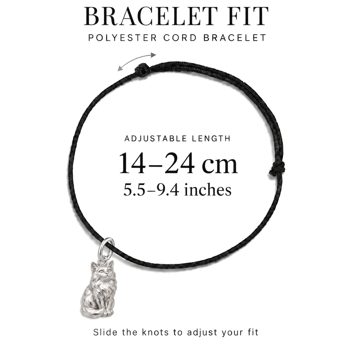 Sphynx Always Close Seated Cat Charm — adjustable black polyester cord bracelet 14–24 cm (5.5–9.4 inches)