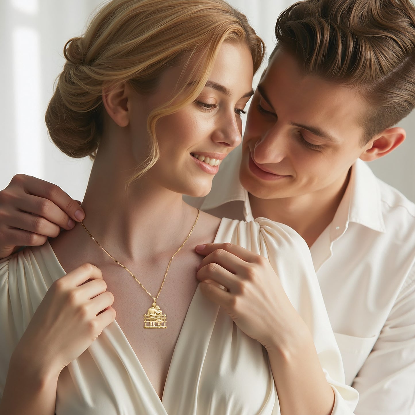 Soulyshine Personalized Couple Sitting On Bench - Handmade Necklace in Silver/14K Gold Vermeil