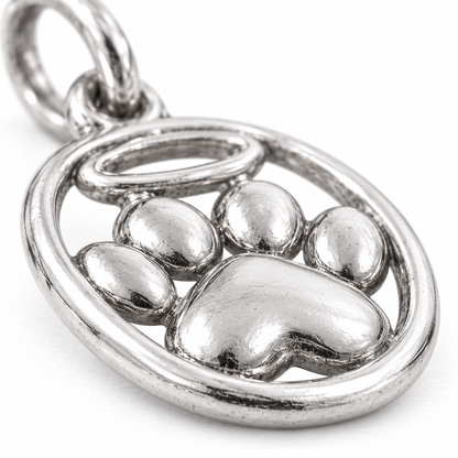 Super macro surface detail of Halo of Love Paw Charm from a low oblique angle