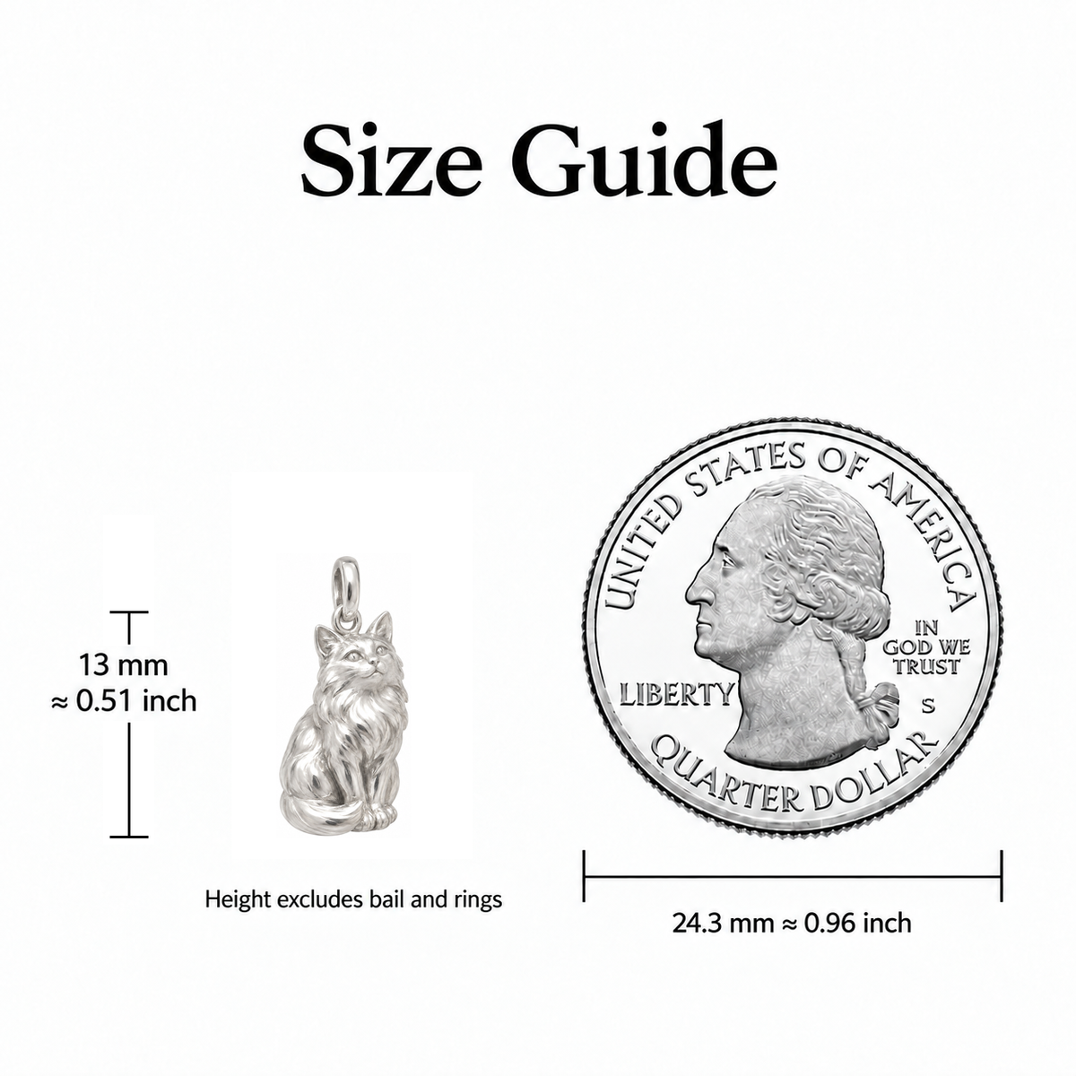 Sphynx Always Close Seated Cat Charm — size guide, 13 mm charm body excluding bail and rings