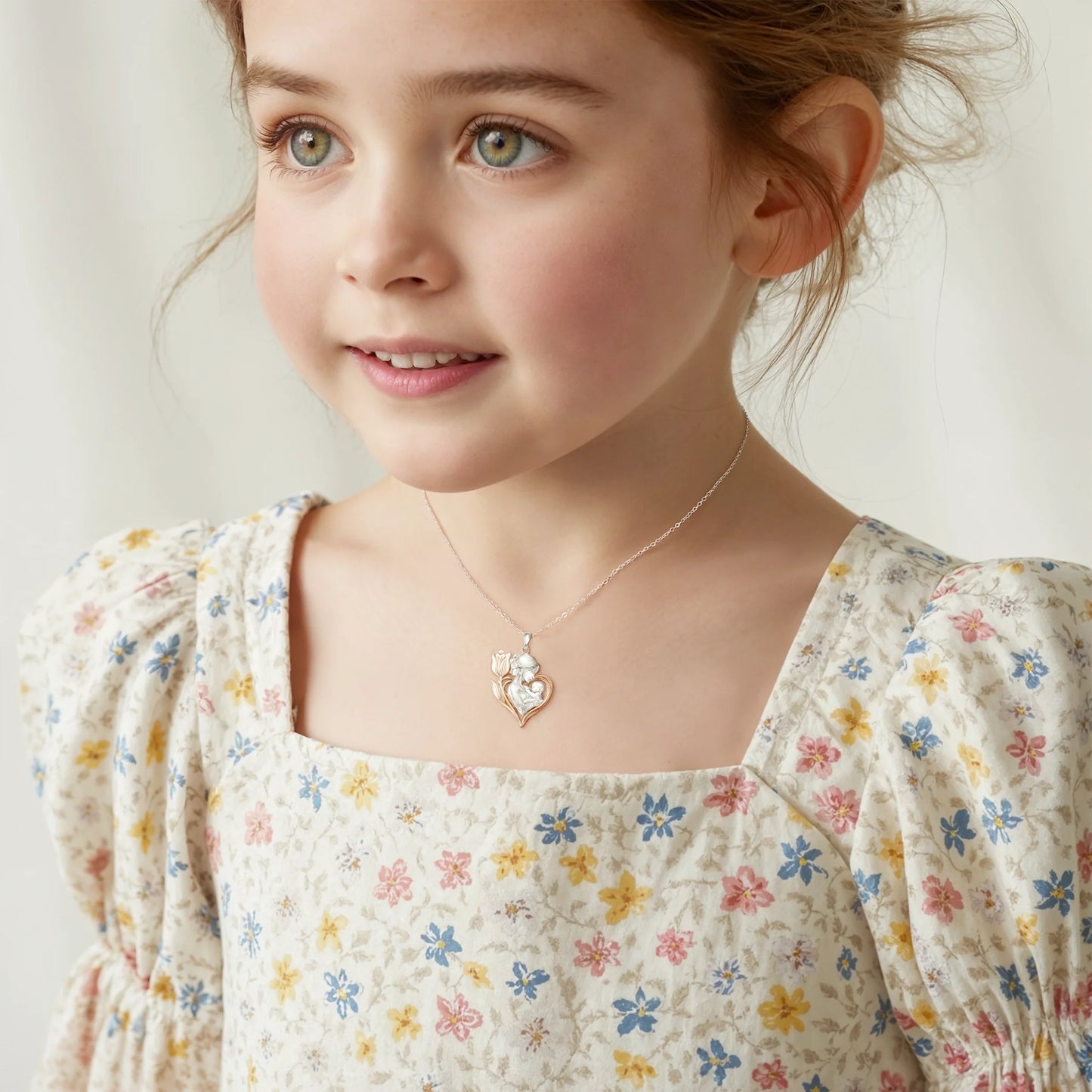 Mom With Flower Tulip Embrace Rosegold Vermeil and Silver Necklace