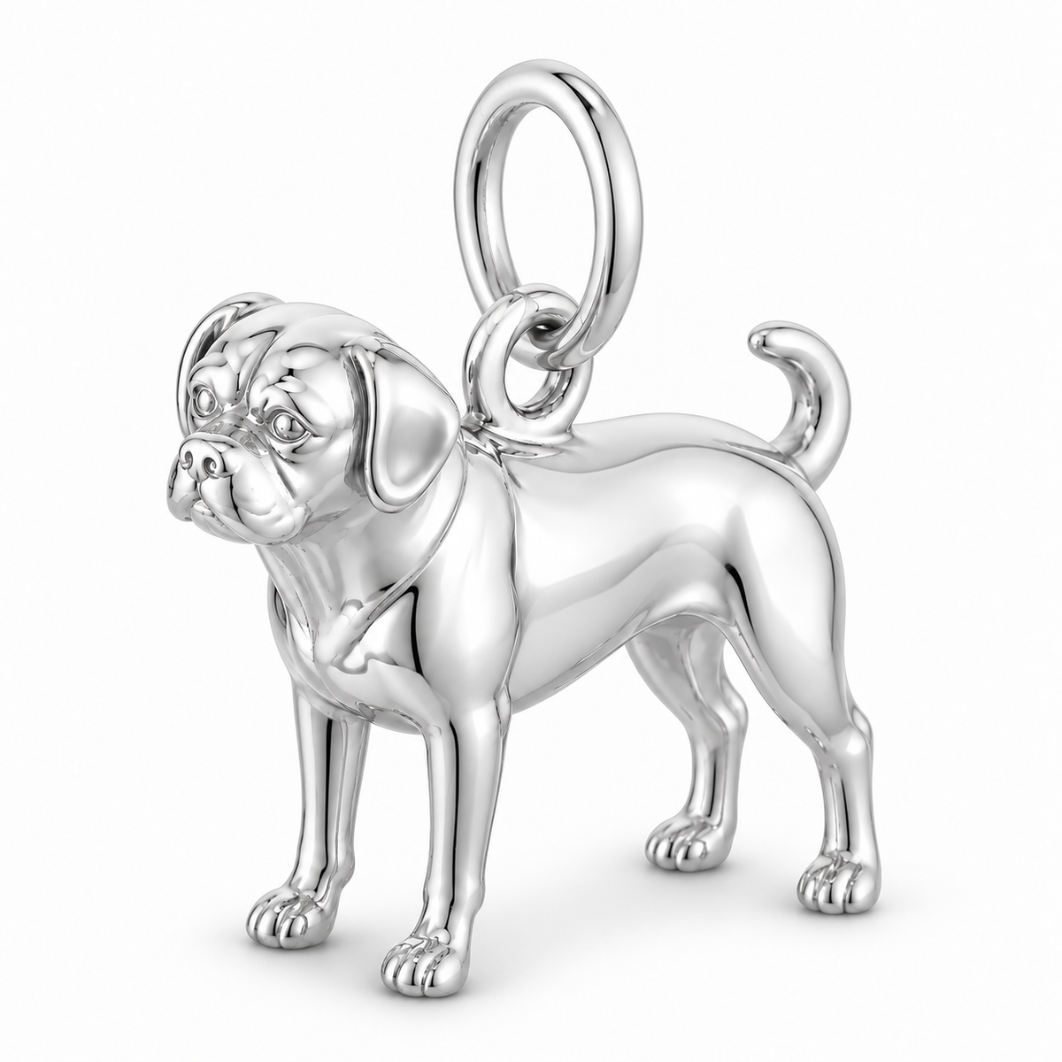 Polished silver dog charm – Puggle