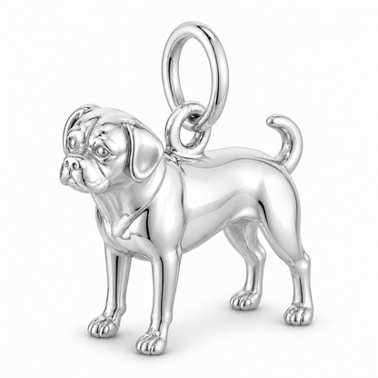 Polished silver dog charm – Puggle