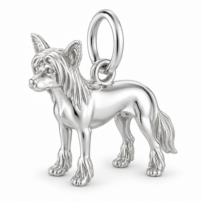Polished silver dog charm – Chinese Crested - hairless