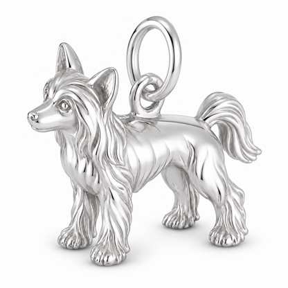 Polished silver dog charm – Chinese Crested - powderpuff