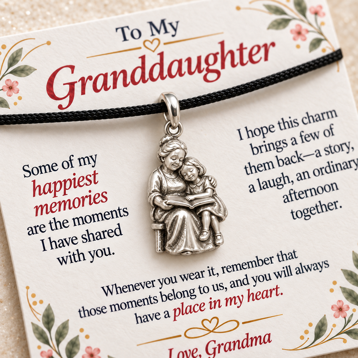 Grandma's Storytime Charm: Our Memories Stay Close — Macro detail, silver finish