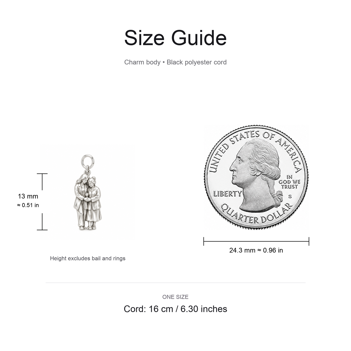 Joined Hands, Courage from Mom — Size guide, 13 mm body and 16 cm cord