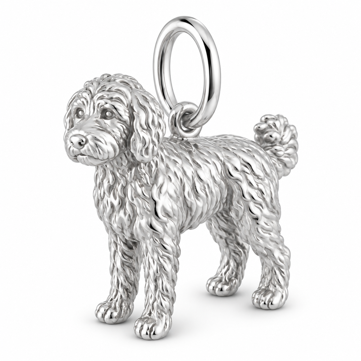 Polished silver dog charm – Aussiedoodle