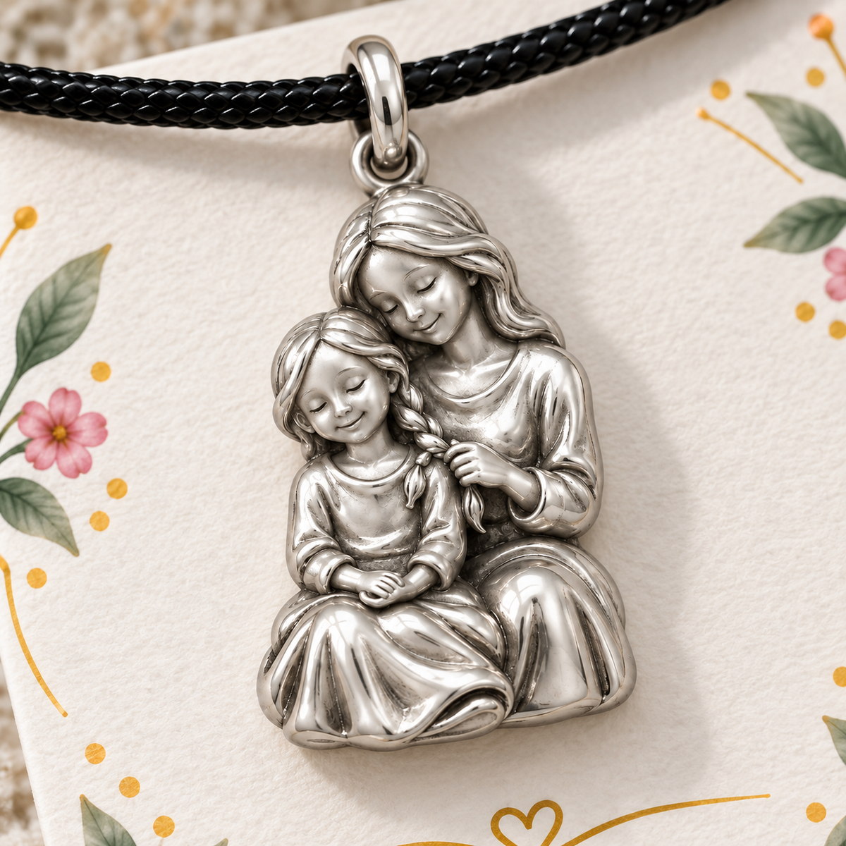Braided with Care, Held in Mom’s Heart — Macro detail, silver finish
