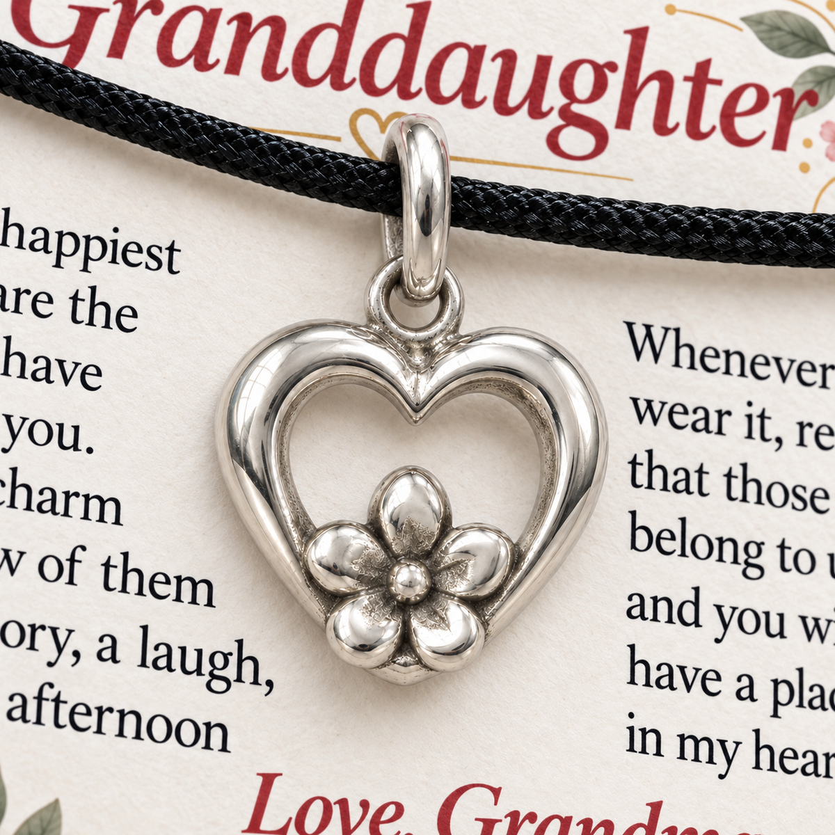 Grandma's Heart Flower Charm: Memories Bloom Forever — Macro detail, silver finish