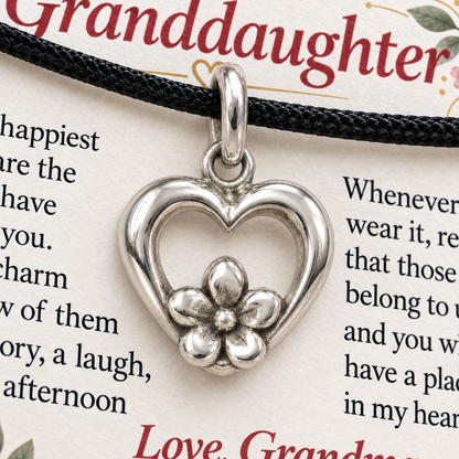 Grandma's Heart Flower Charm: Memories Bloom Forever — Macro detail, silver finish