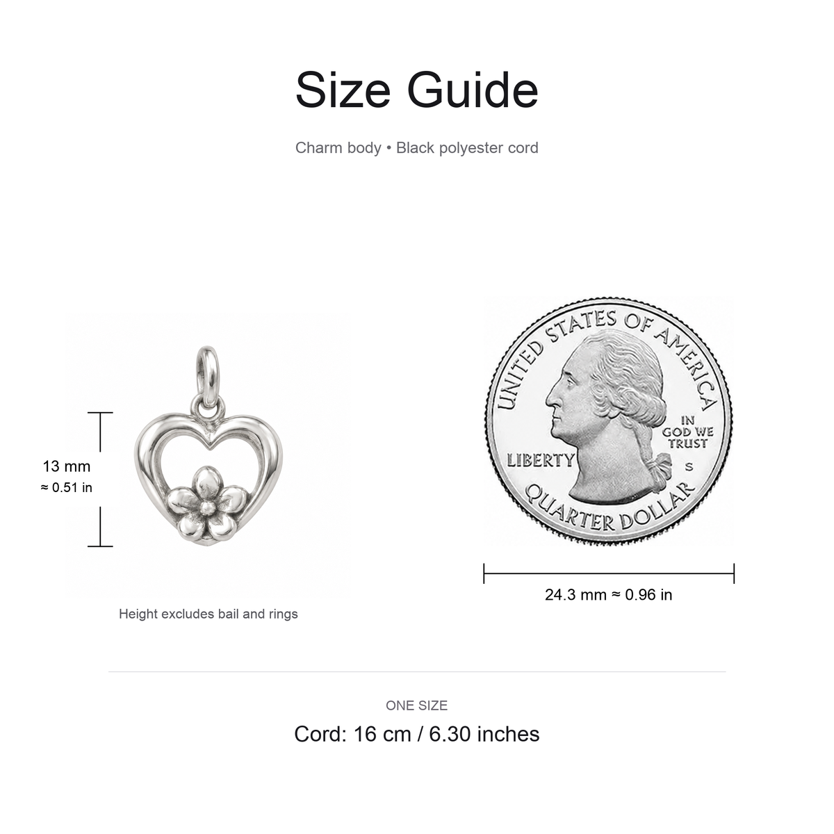 Grandma's Heart Flower Charm: Memories Bloom Forever — Size guide, 13 mm body and 16 cm cord