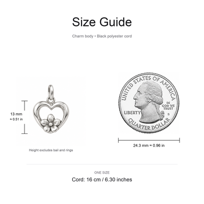 Grandma's Heart Flower Charm: Memories Bloom Forever — Size guide, 13 mm body and 16 cm cord