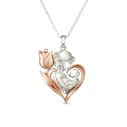Mom With Flower Tulip Embrace Rosegold Vermeil and Silver Necklace