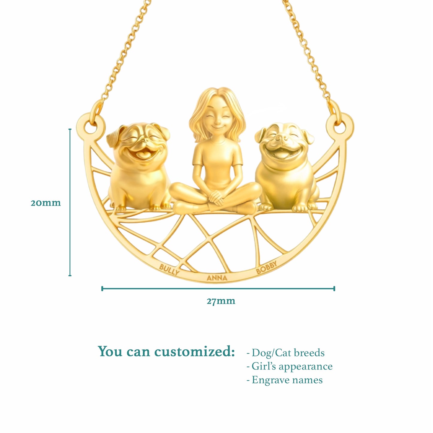 Soulyshine Personalized Girl And Her Pets Necklace - Pug/Bulldog