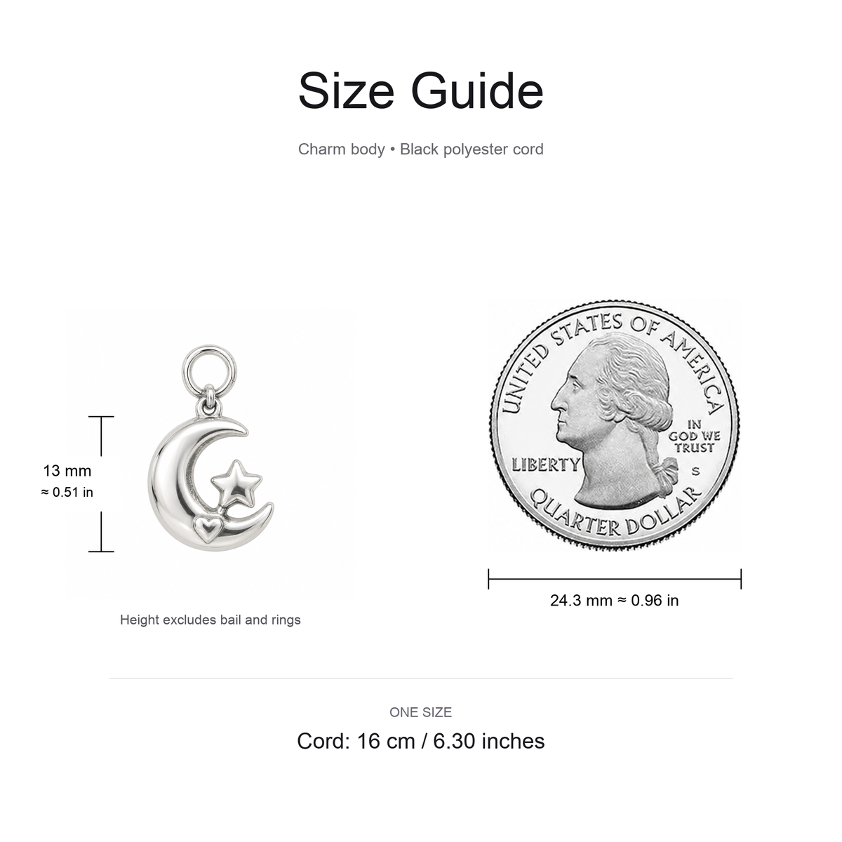 Moon and Star, Mom’s Endless Love — Size guide, 13 mm body and 16 cm cord