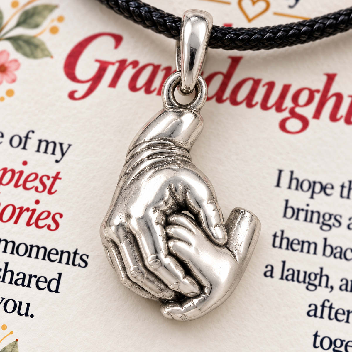 Grandma's Hand Charm: Holding Our Memories Close — Macro detail, silver finish