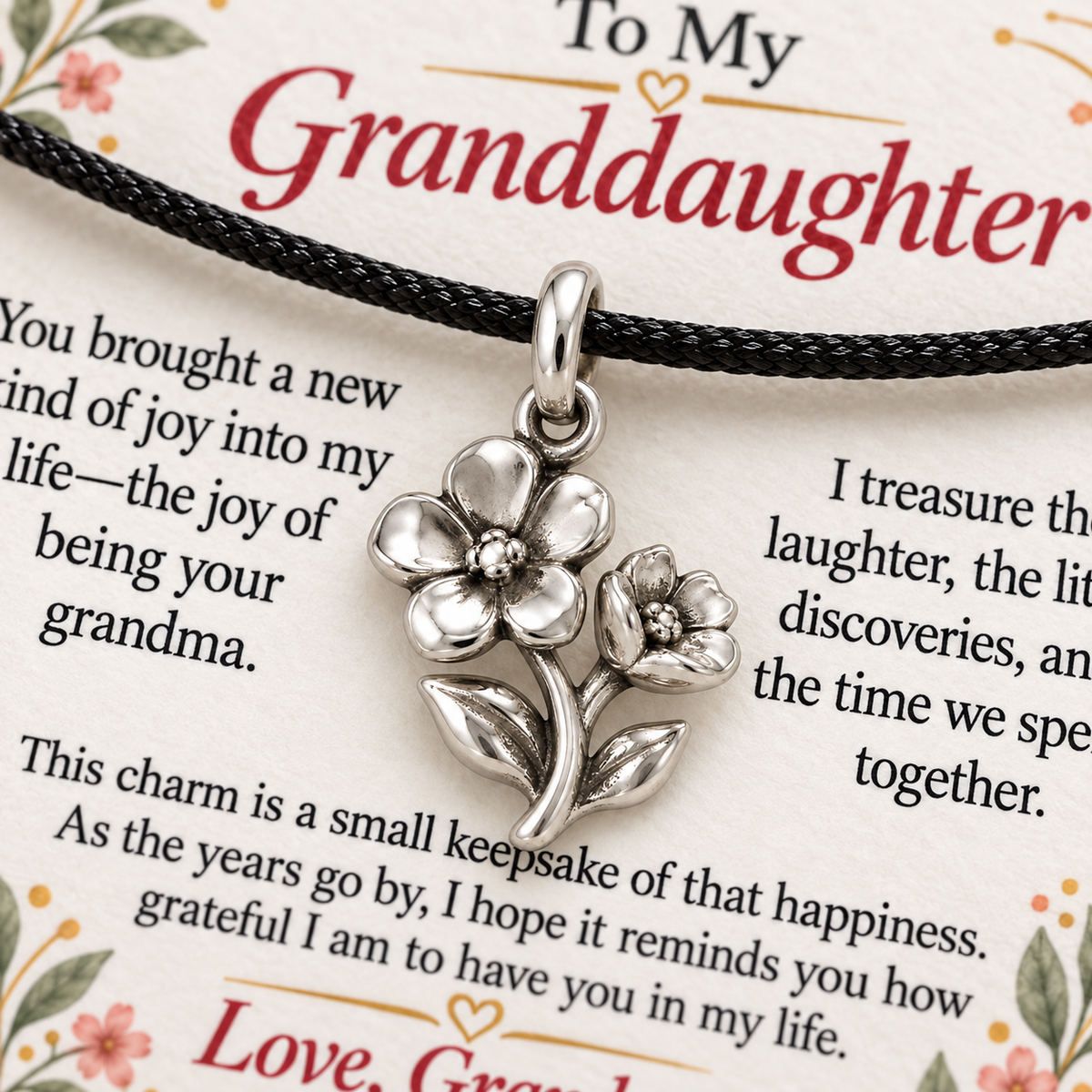 Grandma's Two Flowers Charm: Joy That Blooms — Macro detail, silver finish