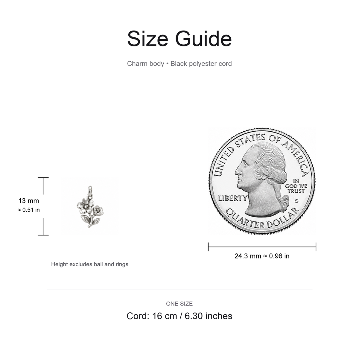 Grandma's Two Flowers Charm: Joy That Blooms — Size guide, 13 mm body and 16 cm cord