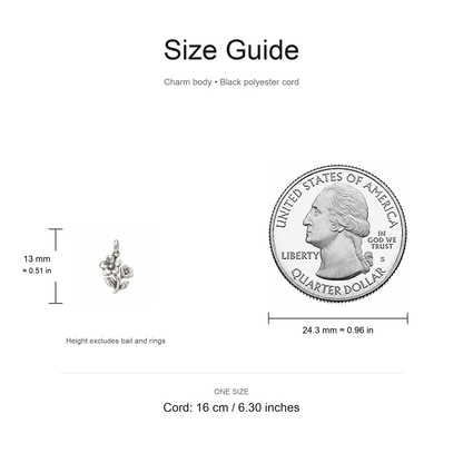 Grandma's Two Flowers Charm: Joy That Blooms — Size guide, 13 mm body and 16 cm cord