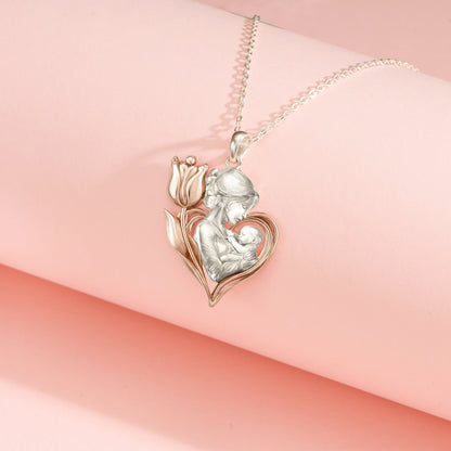 Mom With Flower Tulip Embrace Rosegold Vermeil and Silver Necklace