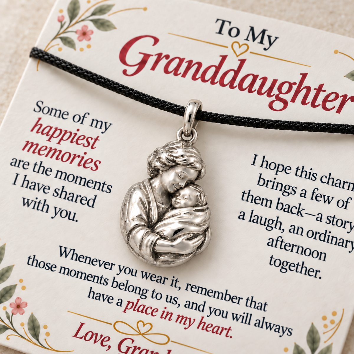 Grandma's First Embrace Charm: Memories Held Close — Macro detail, silver finish